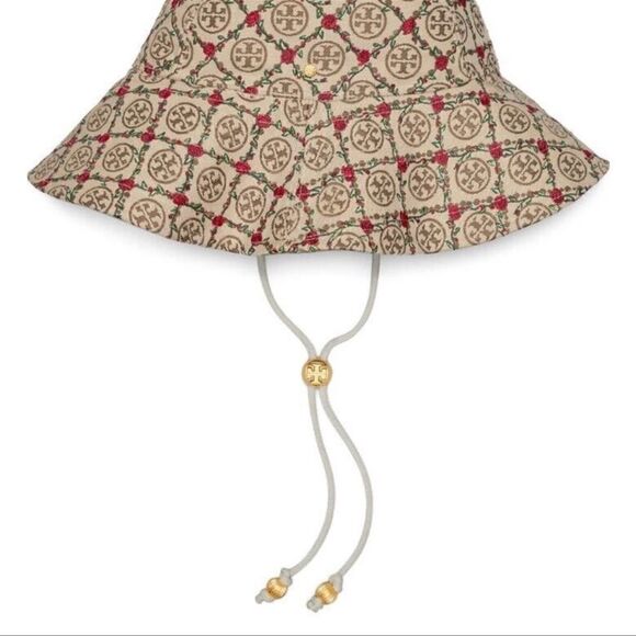Tory Burch OS Beige Tan Red Monogram Embroidered Climbing Rose Bucket Hat